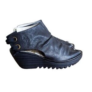 FLY LONDON YEMA SUEDE WEDGE HEEL PEEP TOE SANDALS SIZE 6 US/ 37 EUR